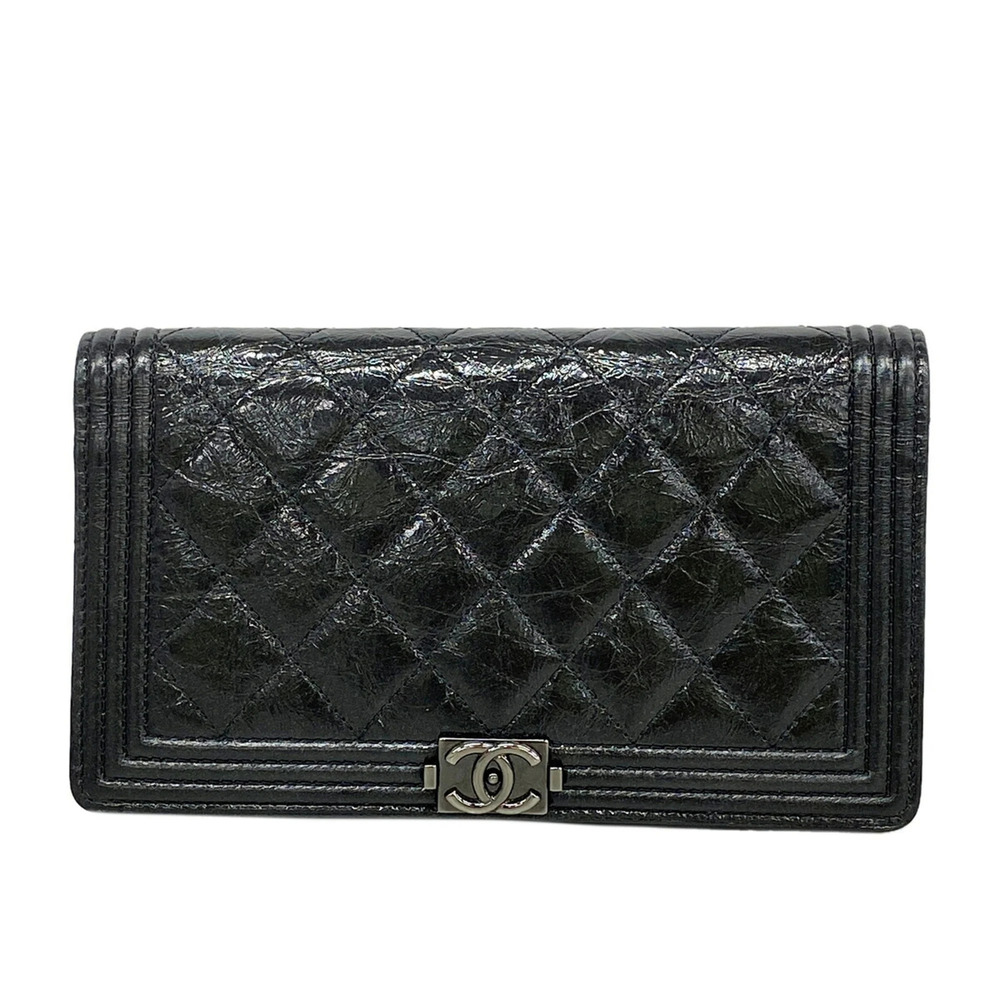 Chanel Boy Leather Long Wallet, Black, Women's